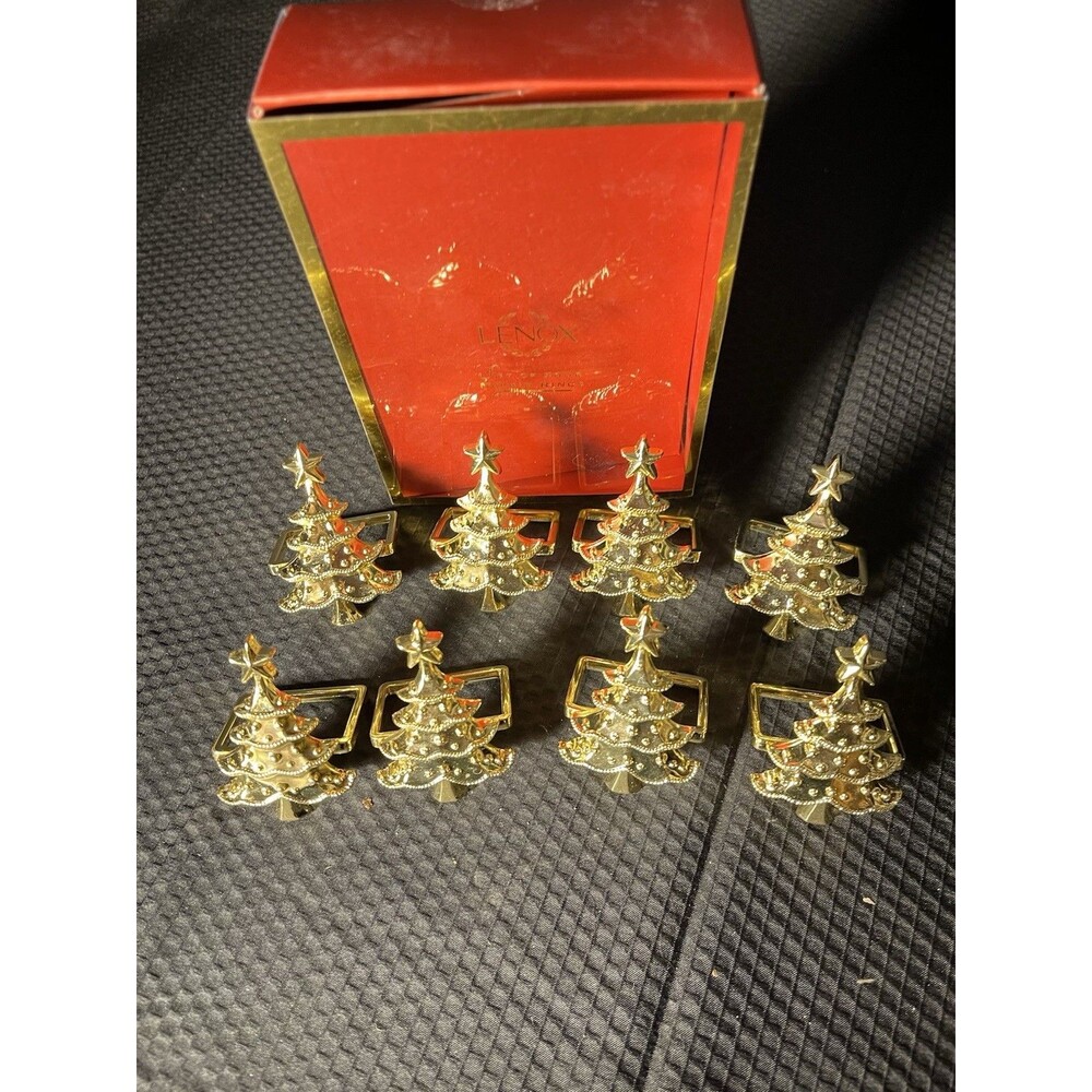 Lenox Holiday Gold Tone Christmas Tree Napkin Rings Set of 8 (2 Sets of 4)